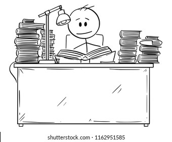 Cartoon stick drawing conceptual illustration of student sitting behind desk and reading or learning from one of many books. Concept of education.