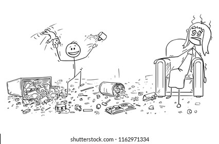 Cartoon stick drawing conceptual illustration of naughty or disobedient little boy doing mess in room by throwing toys all around. Exhausted mother is sitting in armchair.