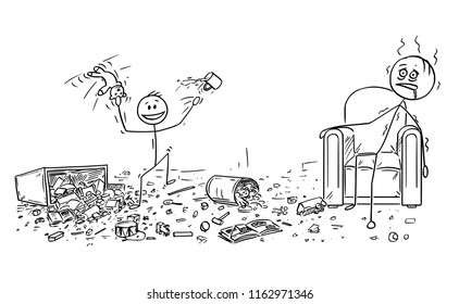 Cartoon stick drawing conceptual illustration of naughty or disobedient little boy doing mess in room by throwing toys all around. Exhausted father is sitting in armchair.