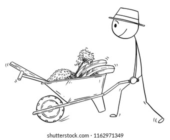 Cartoon stick drawing conceptual illustration of gardener going to plant a tree and pushing wheelbarrow with equipment and tools.