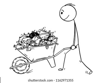 Cartoon stick drawing conceptual illustration of man pushing wheelbarrow full of garbage and trash.