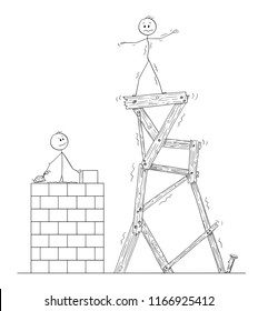 Cartoon stick drawing conceptual illustration of two men or businessmen. One of them is slowly building high quality tower from bricks, second man is standing on top of quickly build cheap and wood.