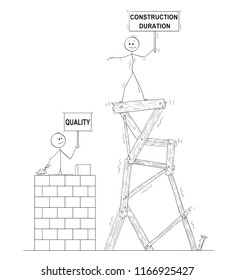 Cartoon stick drawing conceptual illustration of two men or businessmen. One of them is slowly building high quality tower from bricks, second man is standing on top of quickly build cheap and wood.