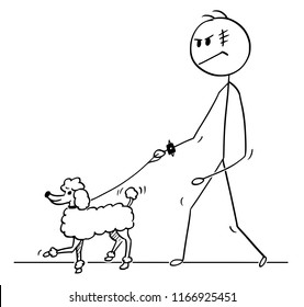 Cartoon stick drawing conceptual illustration of tough man or guy walking with poodle dog on a leash.