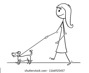 Cartoon stick drawing conceptual illustration of woman walking with small dog on a leash.