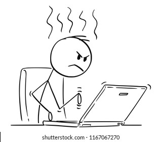 Cartoon Stick Drawing Conceptual Illustration Of Angry Man Or Businessman Working And Typing On Laptop Computer.