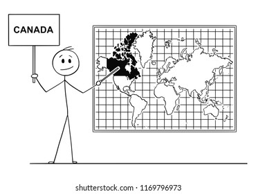 Cartoon stick drawing conceptual illustration of man holding sign and using pointer and pointing at Canada on big wall world map.