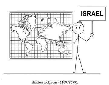 Cartoon stick drawing conceptual illustration of man using pointer and pointing at State of Israel on big wall world map.