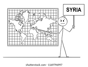 Cartoon stick drawing conceptual illustration of man using pointer and pointing at Syrian Arab Republic or Syria on big wall world map.