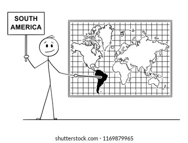 Cartoon stick drawing conceptual illustration of man holding a sign and using pointer and pointing at South America continent on big wall world map.