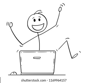Cartoon stick drawing conceptual illustration of happy dancing man or businessman celebrating success behind laptop computer.