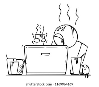 Cartoon stick drawing conceptual illustration of tired and overworked man or businessman overdosed by caffeine working or typing on laptop or notebook computer surrounded by empty coffee cups and