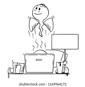 Cartoon stick drawing conceptual illustration of man or businessman, who died while working on computer tired and overworked, and who was drinking coffee from many empty cups around. His hand is