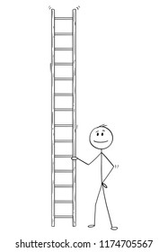 Cartoon stick drawing conceptual illustration of man or businessman holding tall ladder.