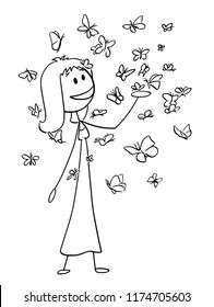 Cartoon stick drawing conceptual illustration of happy smiling woman or girl enjoying to be surrounded by large amount of butterflies flying around her. Concept of daydreaming or environmental