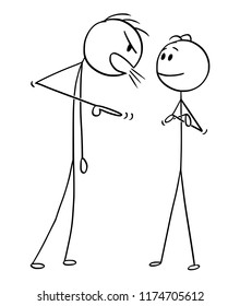 Cartoon stick drawing conceptual illustration of man or businessman who is calm and smiling while boss or manager is yelling at him. Concept of mental balance.