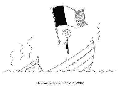 Cartoon stick drawing conceptual illustration of politician standing depressed on sinking boat with flag of Kingdom of Belgium or French Republic, France.