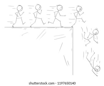 Cartoon stick drawing conceptual illustration of people following they dreams and disillusion when they finally meet the reality. Metaphorical illustration of line of enthusiastic men running and