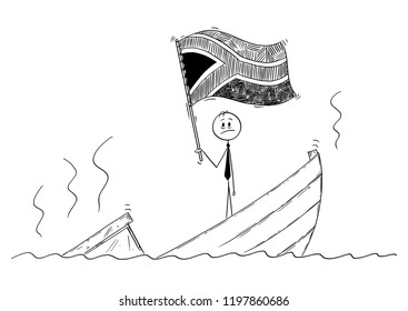 Cartoon stick drawing conceptual illustration of politician standing depressed on sinking boat waving the flag of Republic of South Africa.