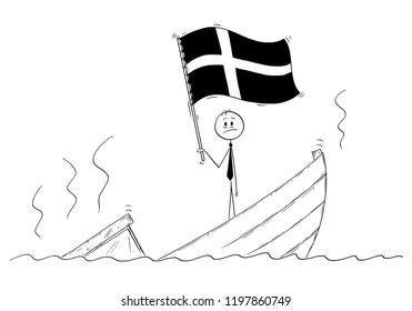 Cartoon stick drawing conceptual illustration of politician standing depressed on sinking boat waving the flag of Kingdom of Sweden.