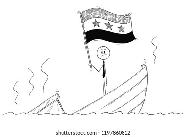Cartoon stick drawing conceptual illustration of politician standing depressed on sinking boat waving the flag of Syrian Arab Republic or Syria.