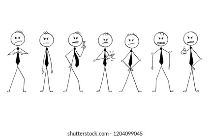 Cartoon stick drawing conceptual illustration of group or team of businessmen or politicians in angry poses. They are facing camera and showing different expression of anger.