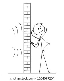 Cartoon stick drawing conceptual illustration of man using stethoscope or phonendoscope to hear and spy what happens behind wall.