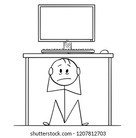 Cartoon stick drawing conceptual illustration of stressed man or businessman sitting hidden under office desk. There is empty space on the screen for your text.