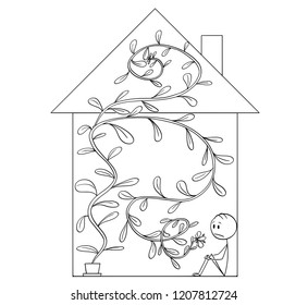 Cartoon stick drawing conceptual illustration of depressed man who is sitting in corner of his home forced out by giant or big Plant growing from pot.