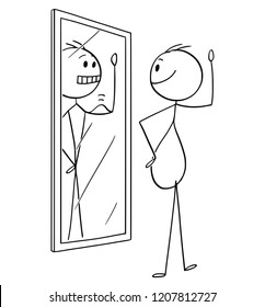 Cartoon stick drawing conceptual illustration fat obese overweight man looking at himself in the mirror   seeing yourself thin  muscular   in better shape condition 