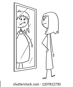 Cartoon stick drawing conceptual illustration of ordinary nice and slim woman or girl looking at herself in the mirror and seeing yourself ugly, fat and obese. Concept of low self-esteem or confidence