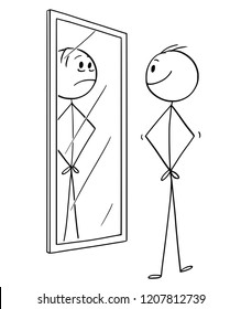Cartoon stick drawing conceptual illustration of man smiling cheerful man looking at himself in the mirror but seeing sad depressed yourself.