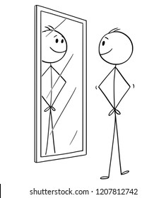 Cartoon stick drawing conceptual illustration of smiling cheerful man looking at himself in the mirror.