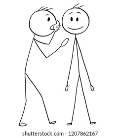 Cartoon stick drawing conceptual illustration of man or businessman whispering a secret in the ear of another man.