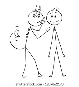 Cartoon stick drawing conceptual illustration devil demon whispering secret advice in the ear man 