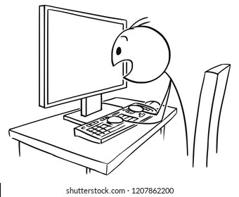 Cartoon stick drawing conceptual illustration of man or businessman working on computer and watching the screen in panic.