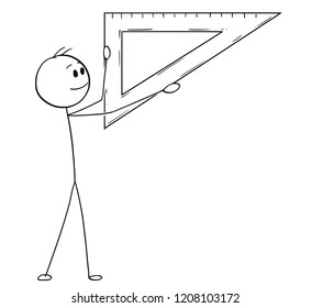 Cartoon stick drawing conceptual illustration of man or businessman holding triangle ruler ready to measure length of something.