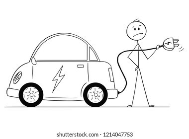 Cartoon stick drawing conceptual illustration of man holding cable and who wants to charge his electric car.