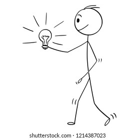 Cartoon stick drawing conceptual illustration of man or businessman walking with shining lighbulb or light bulb in hand.Business concept of inspiration and idea.