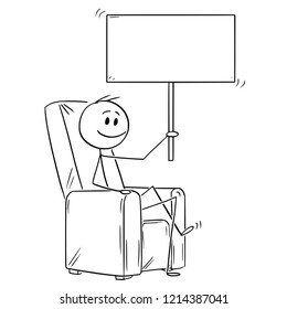 Cartoon stick drawing conceptual illustration of happy man or businessman sitting in armchair and holding empty sign for your text.