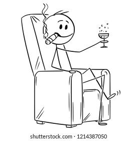 Cartoon stick drawing conceptual illustration of happy successful man or businessman with big cigar sitting in armchair and raising glass of champagne or wine.