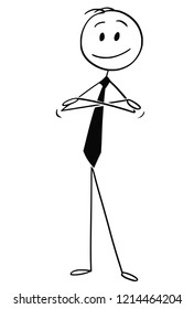 Cartoon stick drawing conceptual illustration of confident smiling man or businessman standing with arms crossed.