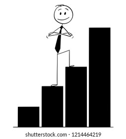Cartoon stick drawing conceptual illustration of confident smiling man or businessman standing on growing graph or chart with arms crossed.
