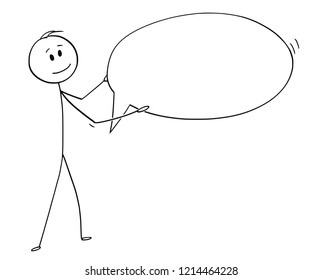 Cartoon stick drawing conceptual illustration of man or businessman holding empty speech text bubble or balloon ready for your text.