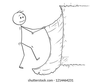 Cartoon stick drawing conceptual illustration of man or businessman tearing off piece of the background showing something behind.
