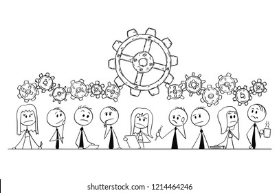 Cartoon stick drawing conceptual illustration of group of nine business people, businessmen and businesswomen thinking about problem during team meeting or brainstorming. Cogwheels above them as