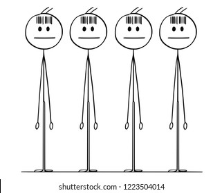 Cartoon stick drawing conceptual illustration of group of identical men or clones with bar code on the forehead.