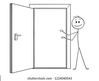 Cartoon stick drawing conceptual illustration of man or businessman inviting to go through open door.