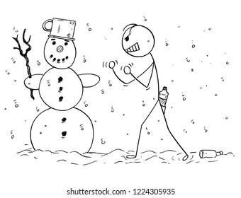 Cartoon stick drawing conceptual illustration of drunk or drunken man who is trying to fist fight with snowman by mistake.