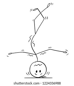 Cartoon stick drawing conceptual illustration of man doing handstand and balancing on his head.